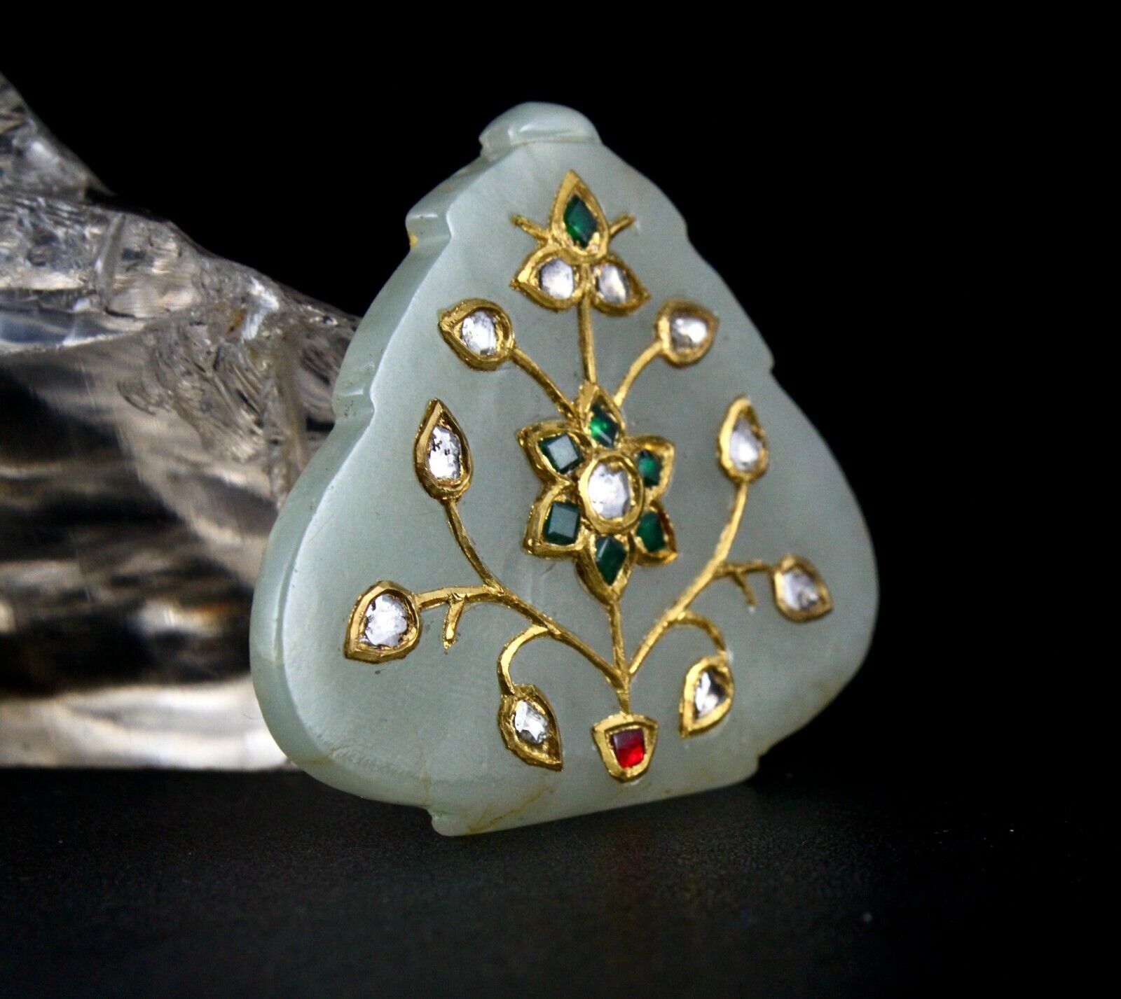 UNIQUE NATURAL OLD JADE PENDANT STUDDED WITH DIAMOND EMERALD IN 22K GOLD