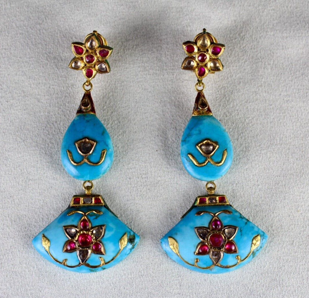 Antique Diamond Ruby 22K Gold Jadau Magnesite Turquoise Ladies Dangle Earring