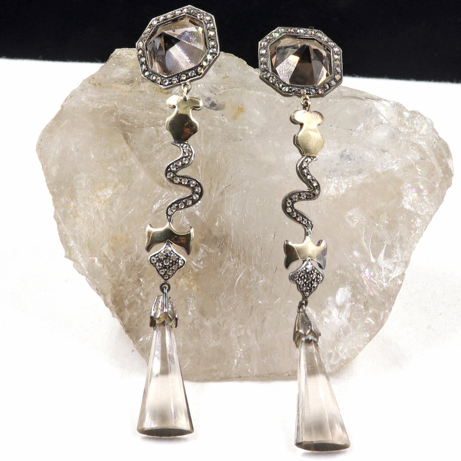 Victorian 18k Gold Smoky Quartz 84.35ct Natural Diamond Sterling Silver Earrings