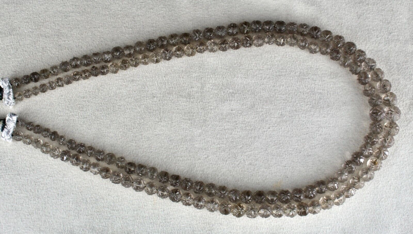 NATURAL SMOKY QUARTZ BEADS CARVED 2 LINE 345 CARATS GEMSTONE ANTIQUE NECKLACE