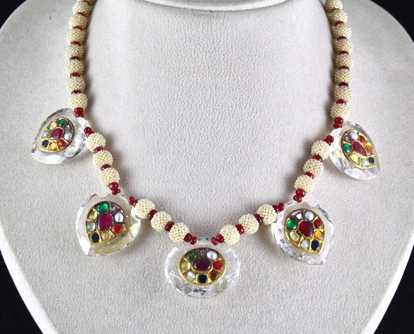 NATURAL ROCK CRYSTAL NAVRATAN 22K GOLD JADAU PEARL SPINEL BEADS NECKLACE