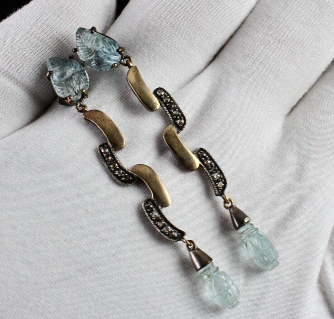 Natural Blue Aquamarine 10ct Carved Natural Diamond 18k Gold 925 Silver Earrings