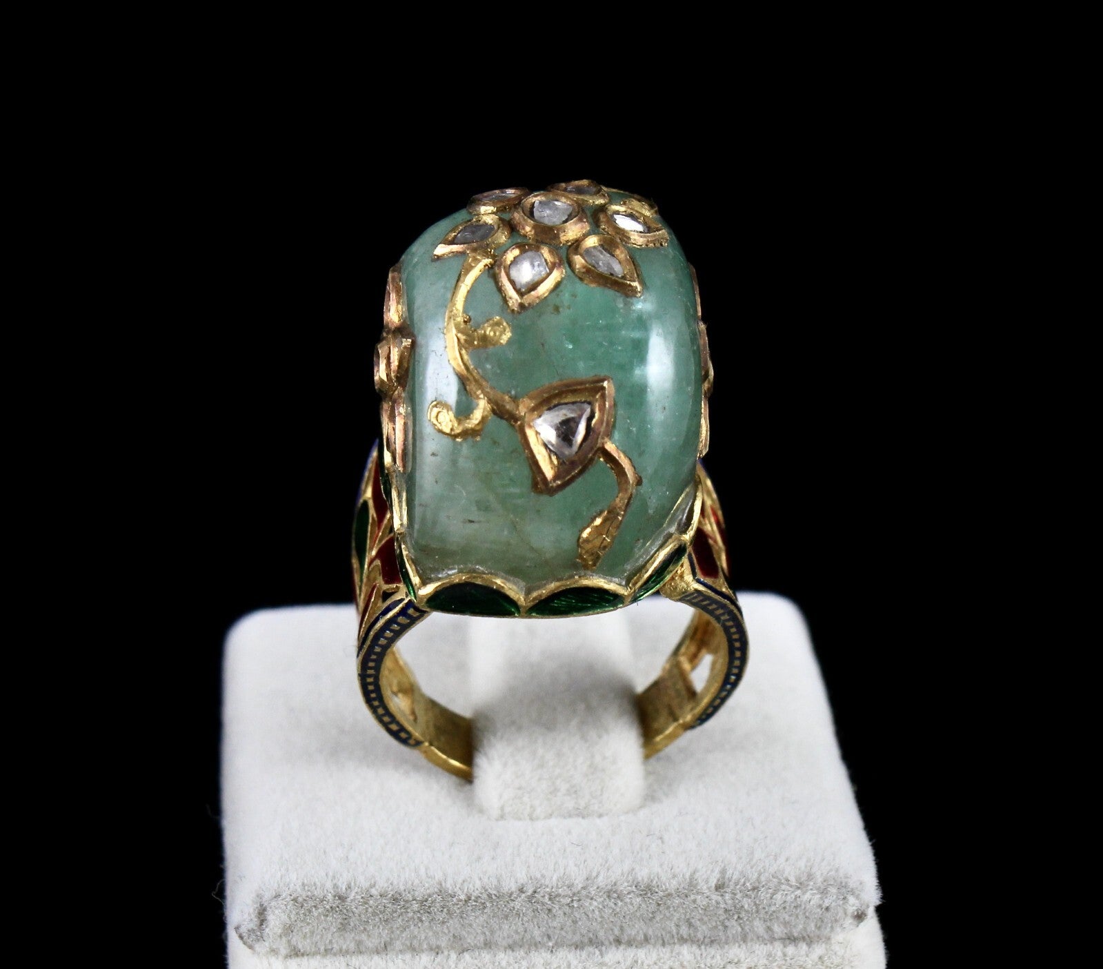 Antique Natural Colombian Emerald 10ct Diamond Kundan Meena Jadau Certified Ring