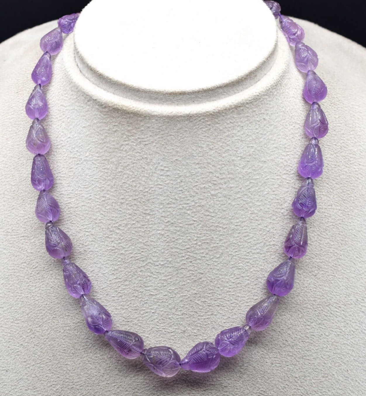 Vintage Natural Amethyst Beaded Engraved Pear 242 Ct Gemstone Silver Necklace