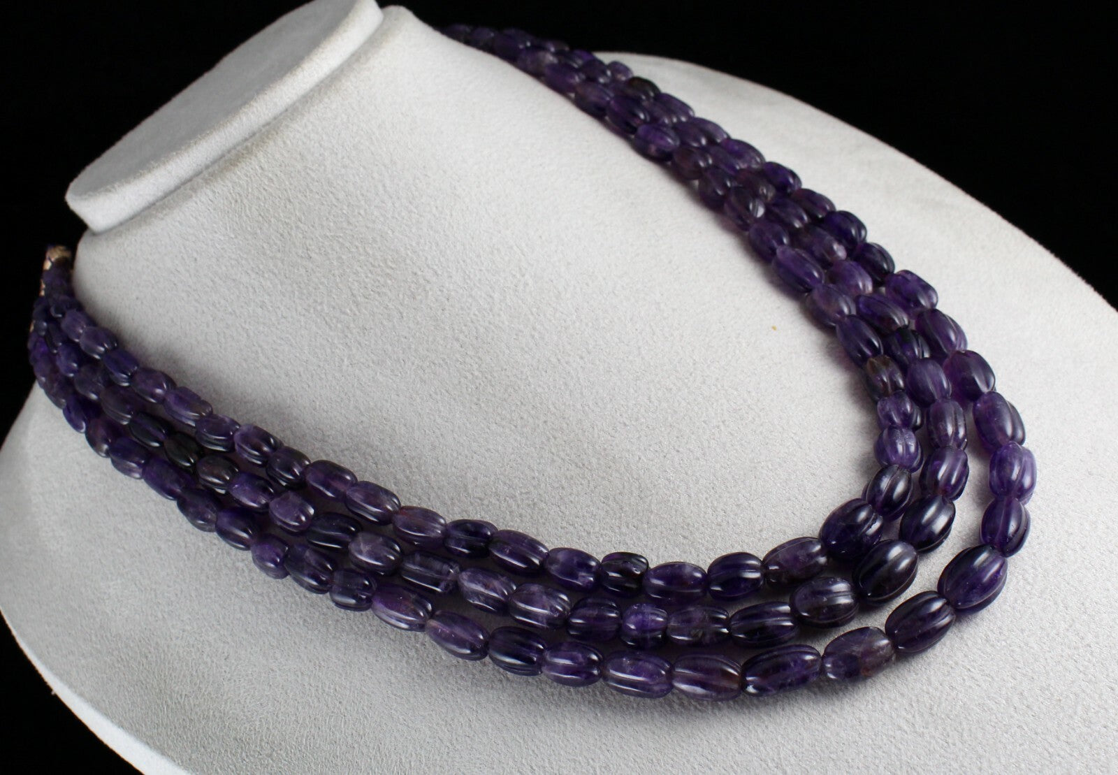 Antique 666 Ct Natural Amethyst Long Carved Purple Gemstone Beads Necklace