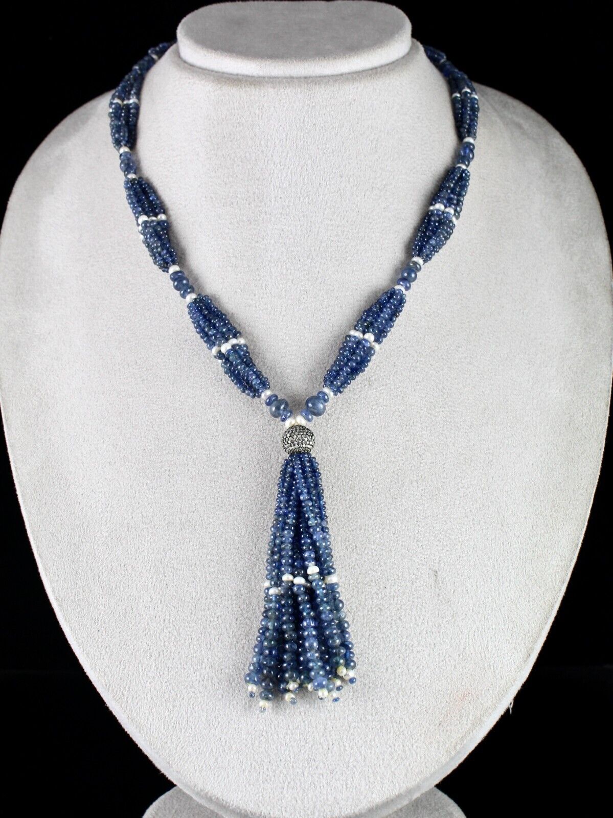 NATURAL BLUE SAPPHIRE PEARL ROUND BEADS DIAMOND 398 CTS SILVER DESIGNER NECKLACE