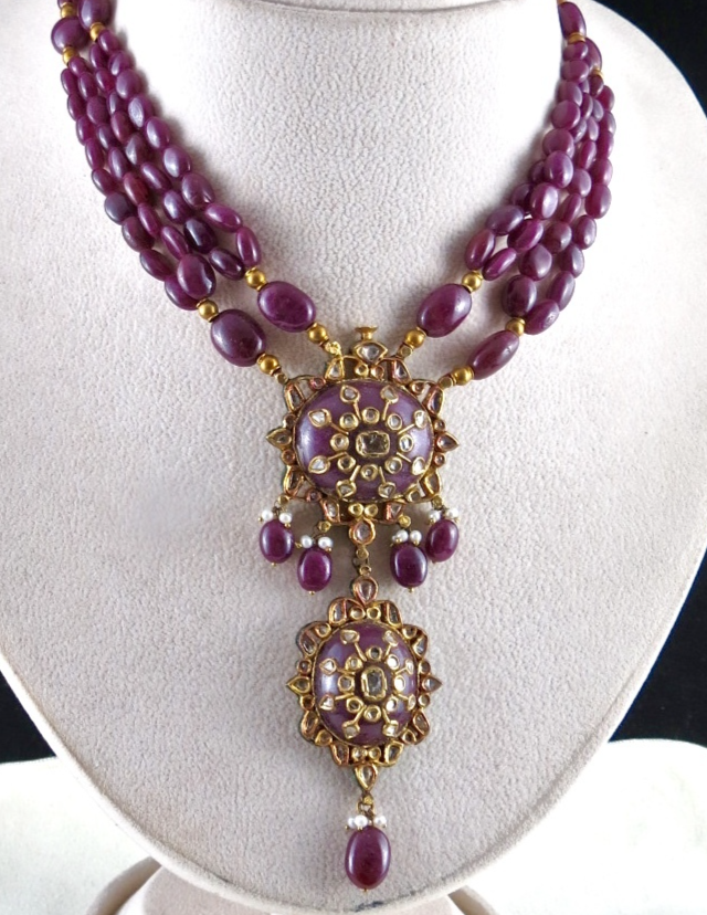 Certified Natural Ruby 600ct Natural Diamond 18k Gold Jadau Antique Necklace