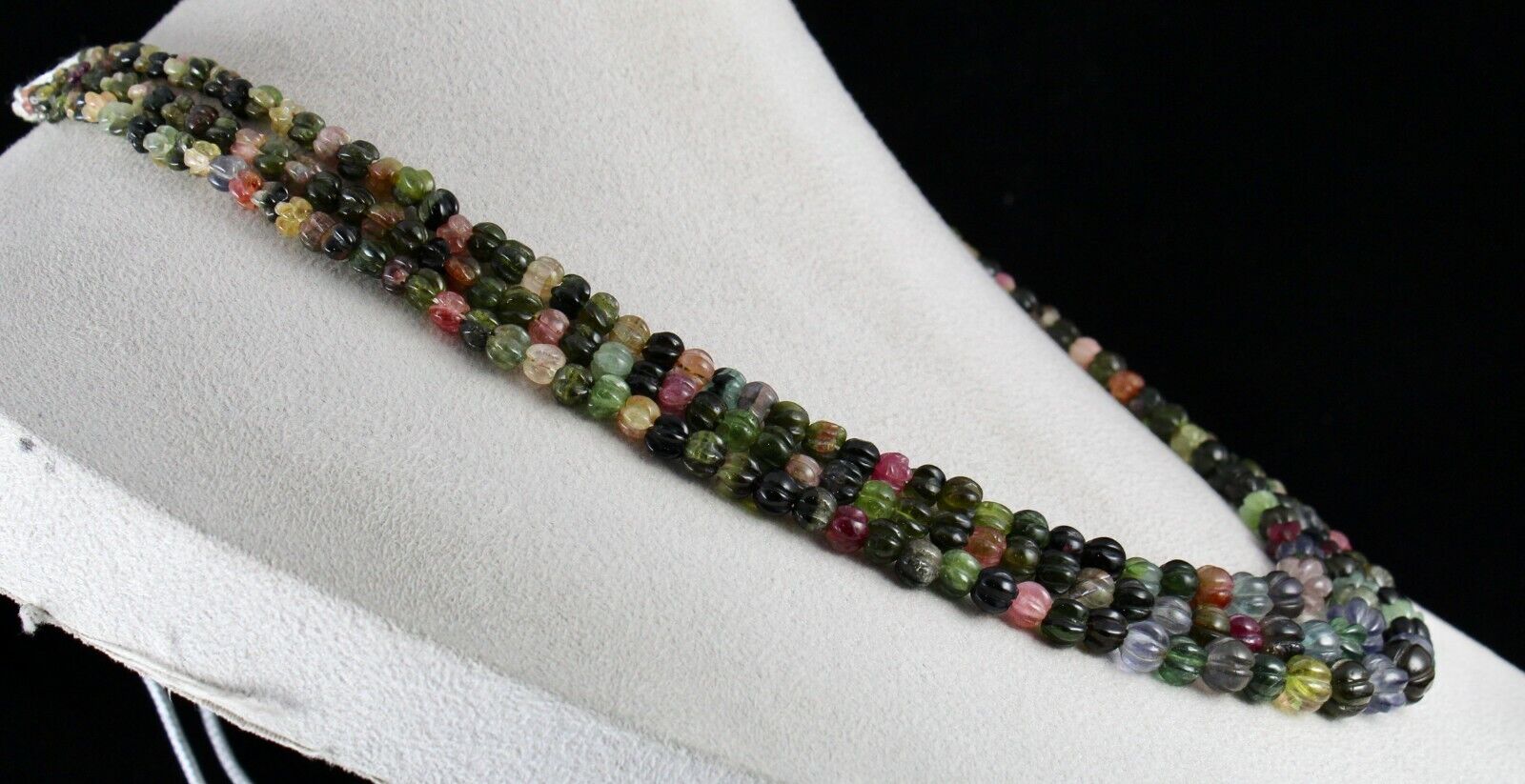 NATURAL MULTI TOURMALINE BEADS CARVED MELON 3 LINE 390 CARATS GEMSTONE NECKLACE