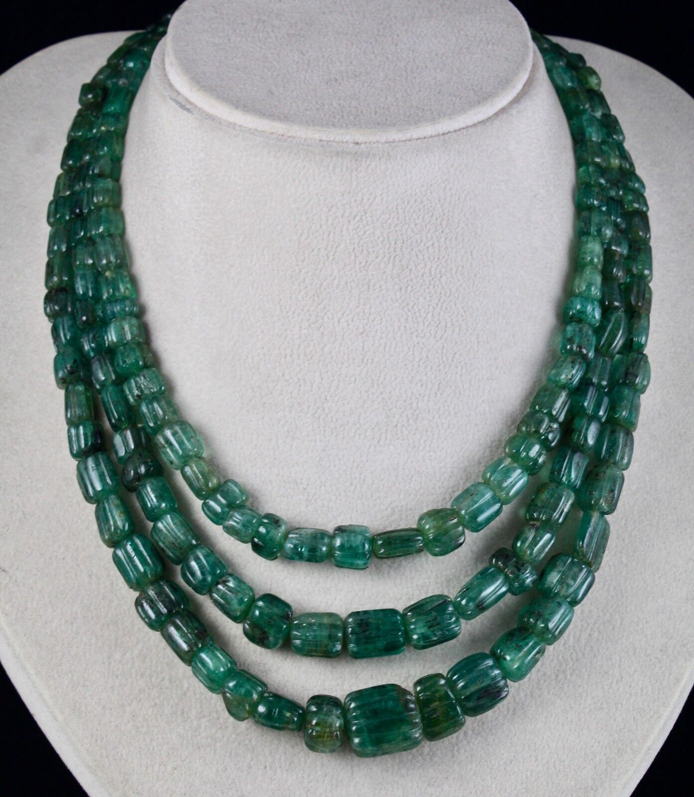 Antique Natural Emerald Beaded Necklace 3 Line 746 Carats Carved Drill Gemstone 