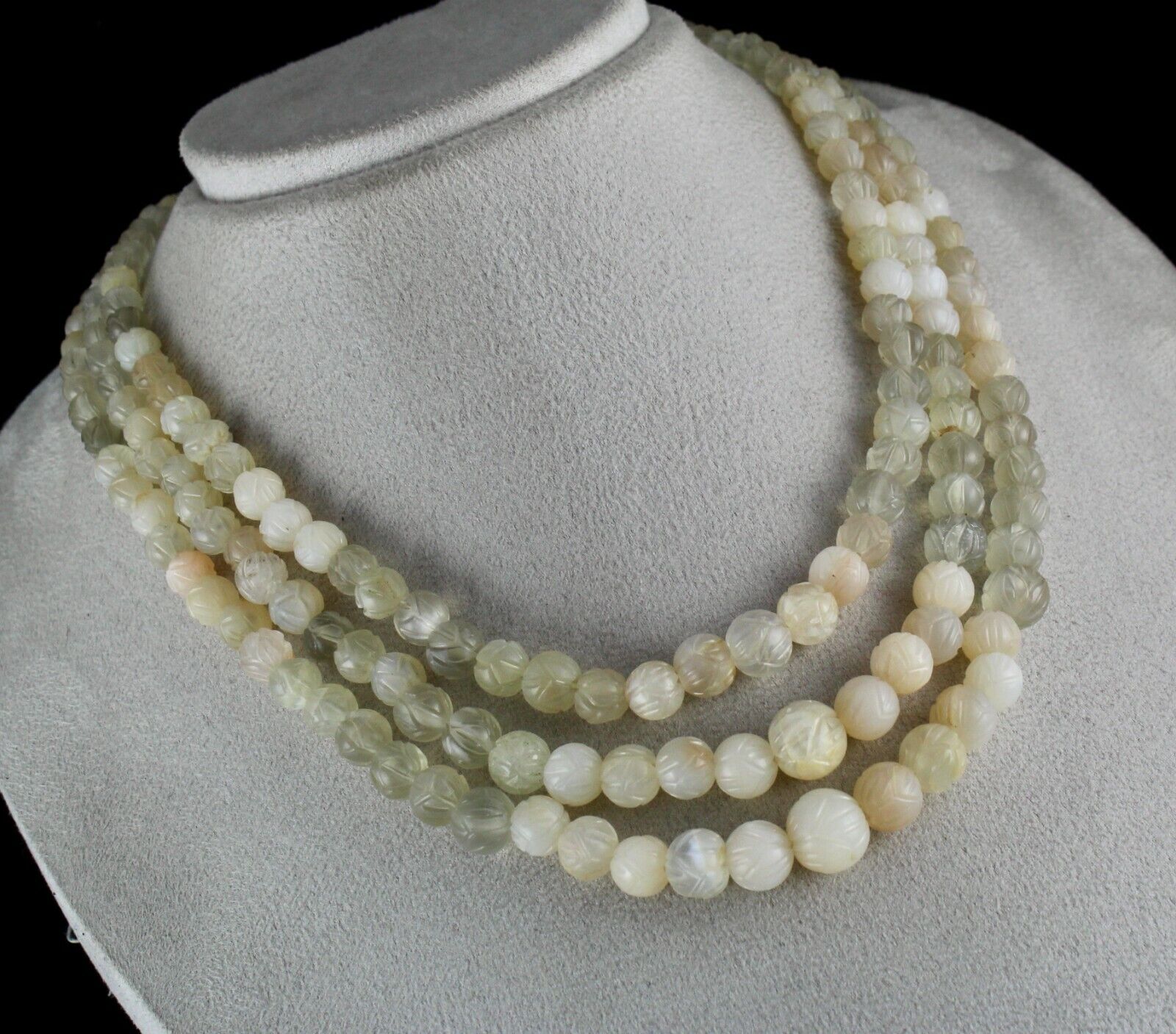 NATURAL MULTI MOONSTONE BEADS CARVED 3 LINE 667 CTS GEMSTONE LADIES NECKLACE