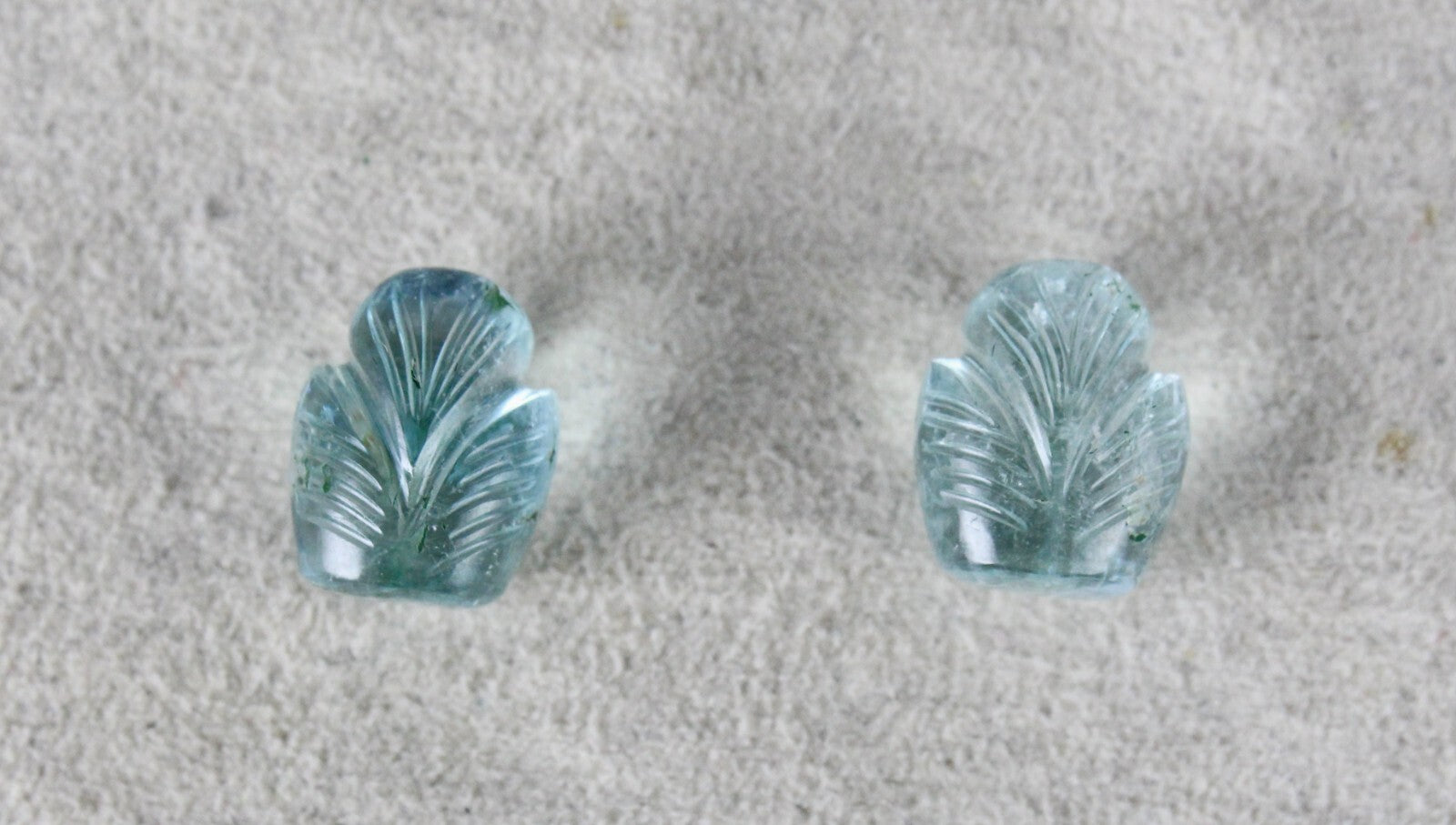 Natural Blue Aquamarine 13.88ct Carved Leaves Gemstone Earring Pair