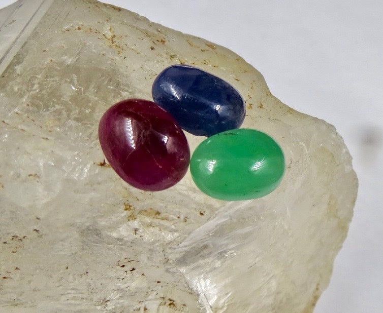 Certified Natural Emerald Ruby Sapphire Oval 10.22ct Sterling Silver Ring Set