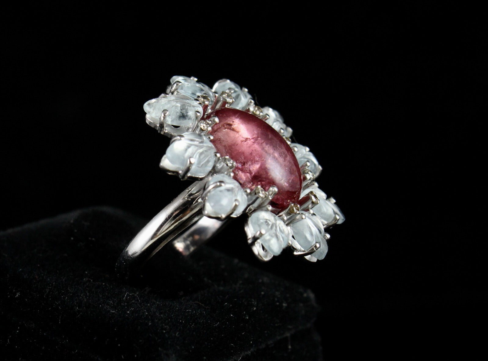 Antique Pink Tourmaline 10ct Aquamarine Carved Sterling Silver Victorian Ring