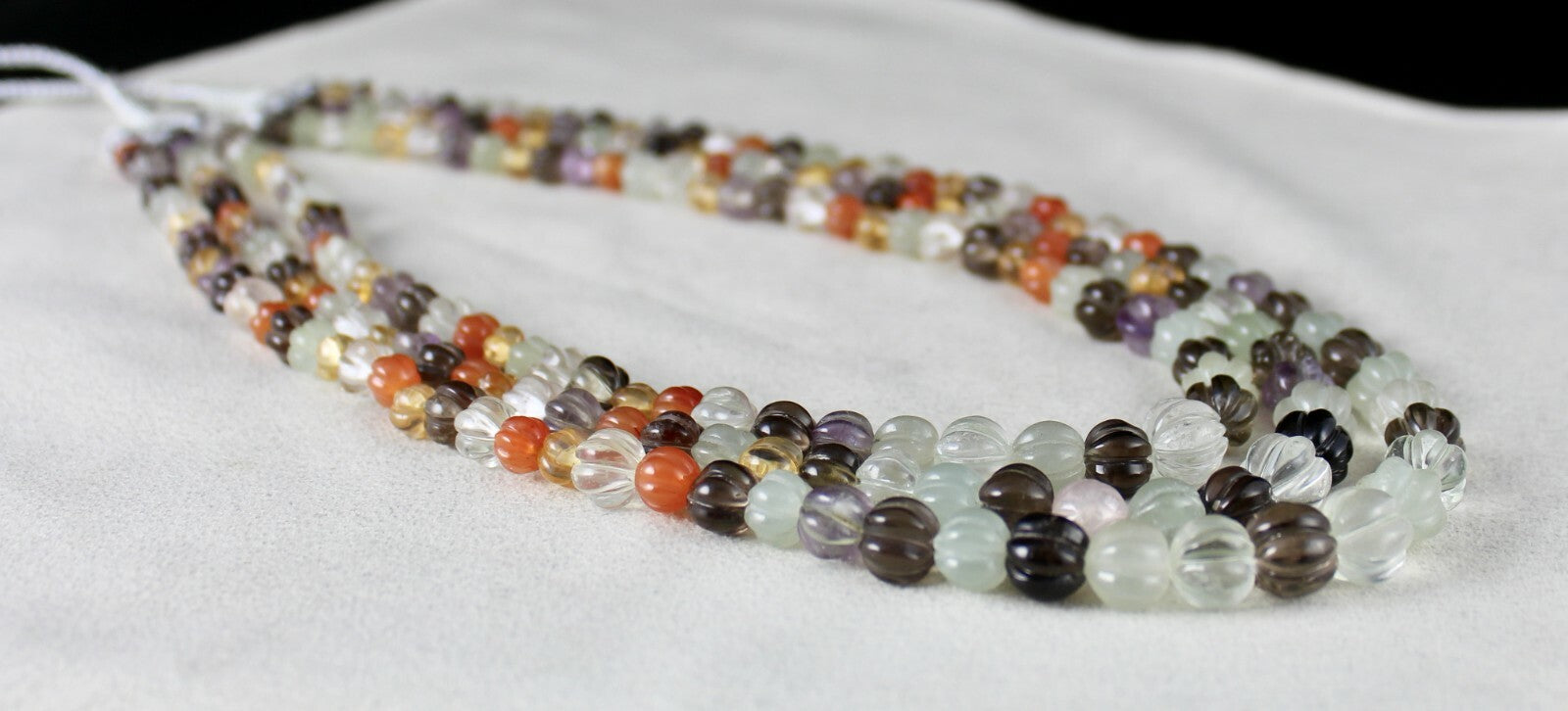 Classic Multi Natural Semi Precious 588 Ct Carved Melon Beaded Necklace 3 Line