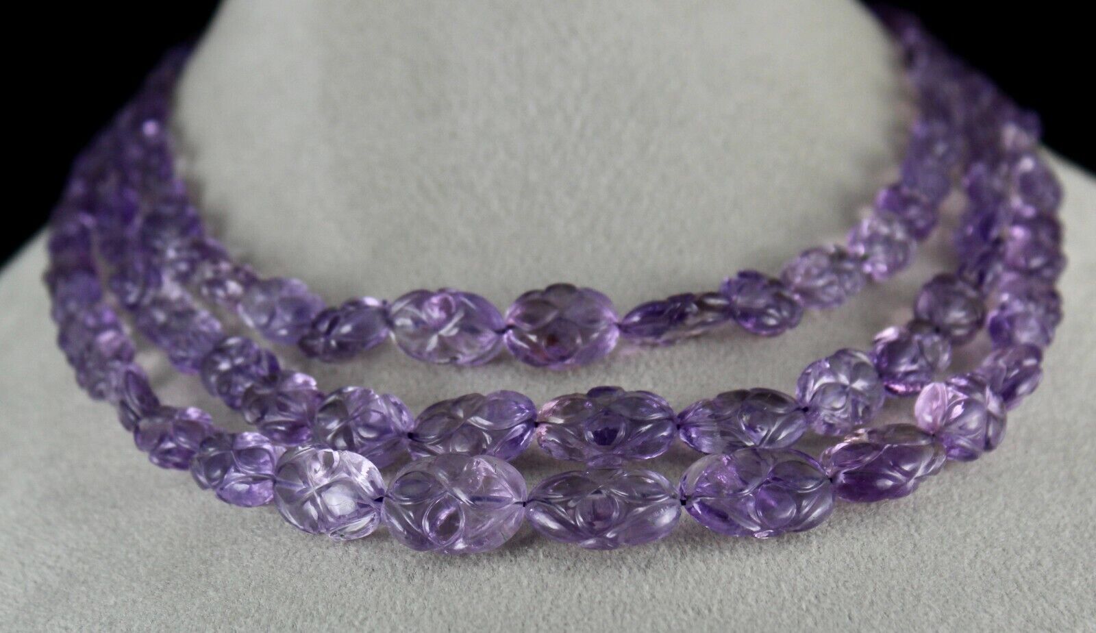 Natural Amethyst Beads Engraved 3 L 529 Ct Purple Gemstone Vintage Necklace