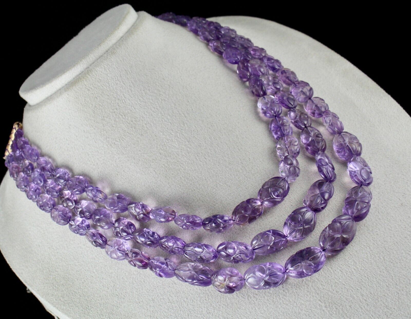 Amethyst Beads Carved Oval 3 Line 754 Carats Natural Gemstone Antique Necklace