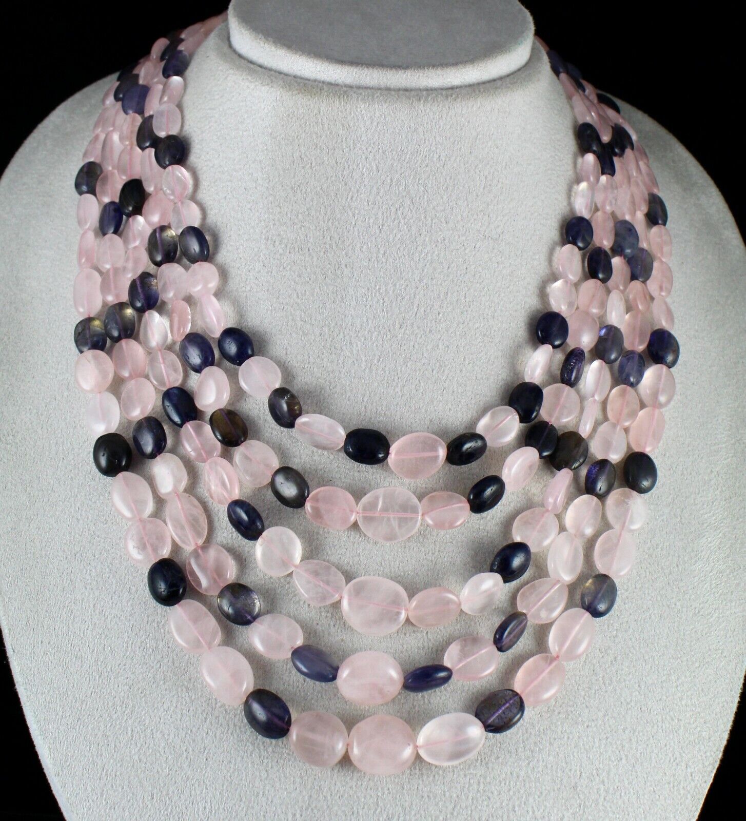 NATURAL ROSE QUARTZ IOLITE BEADS LONG 5 LINE 826 CTS GEMSTONE FASHION NECKLACE