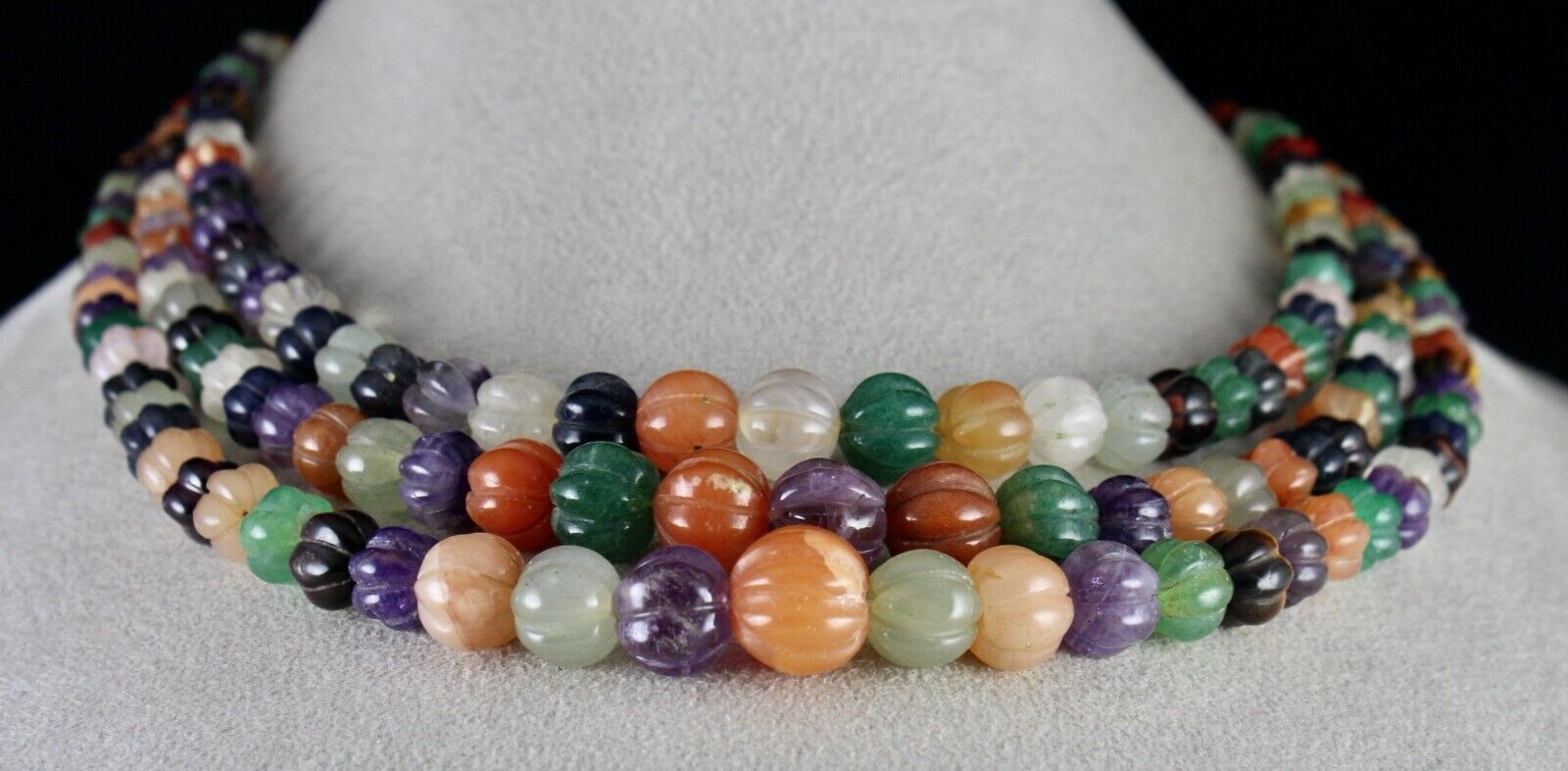 OLD MULTI NATURAL SEMI PRECIOUS CARVED MELON BEADS 3 L 688 CT GEMSTONE NECKLACE