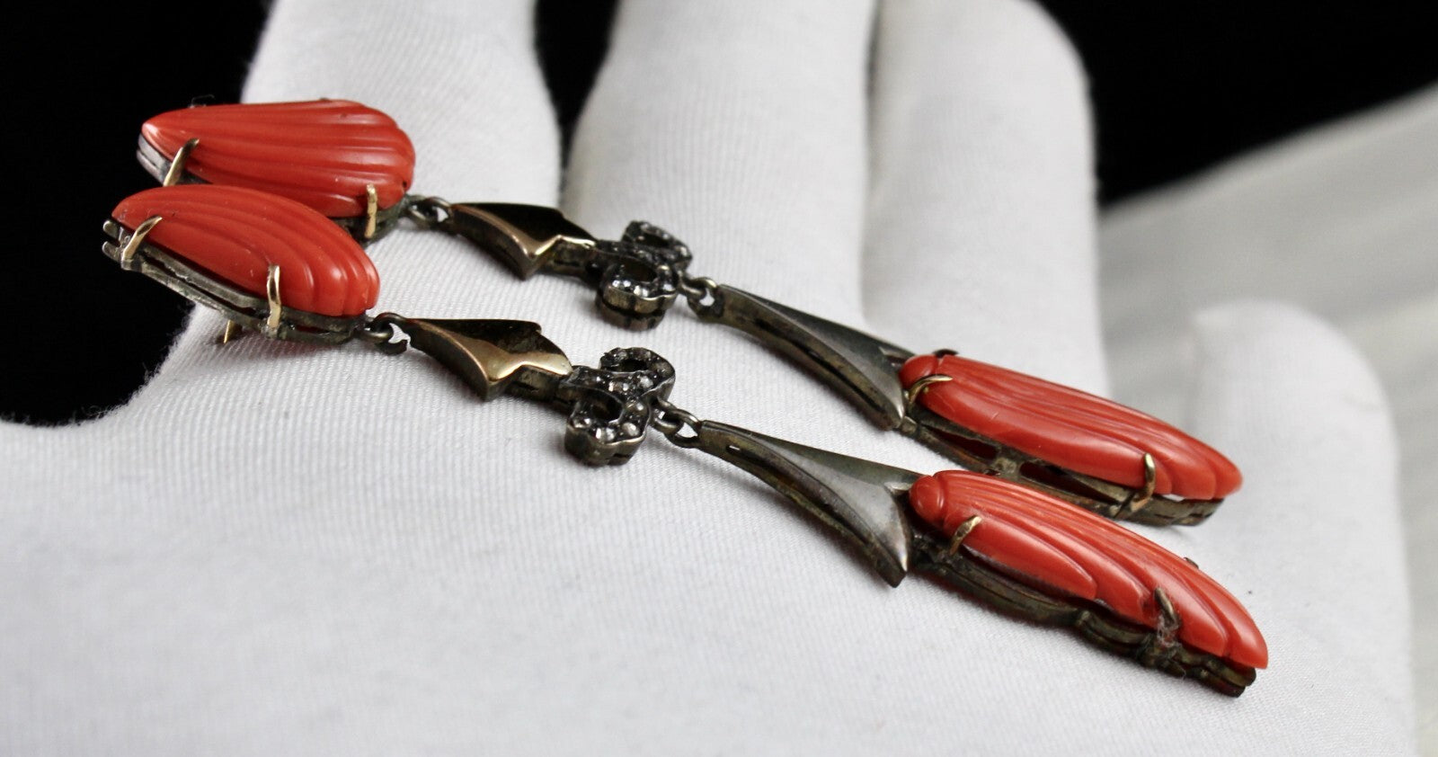 Certified Estate Red Coral 10ct Natural Diamond 18k And Sterling Silver Earrings