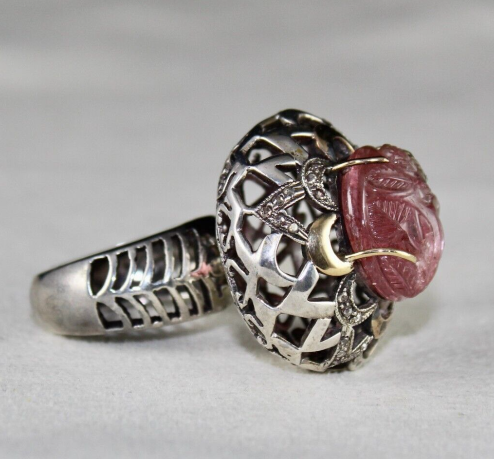 Antique Pink Tourmaline Carved Diamond 18k Gold Silver Cocktail Victorian Ring