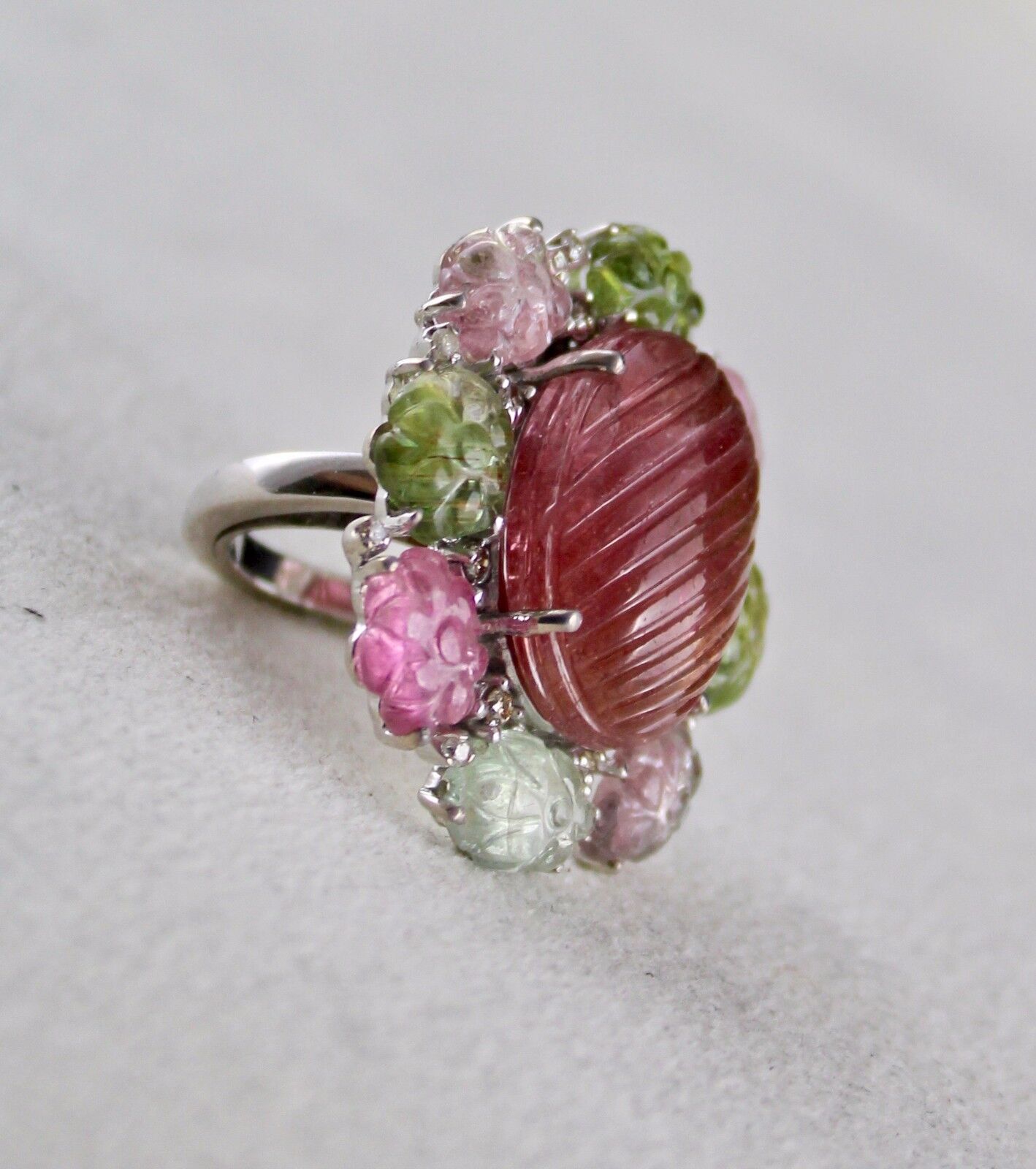 Exclusive Natural Multi Tourmaline Carved Gemstone Diamond Silver Statement Ring