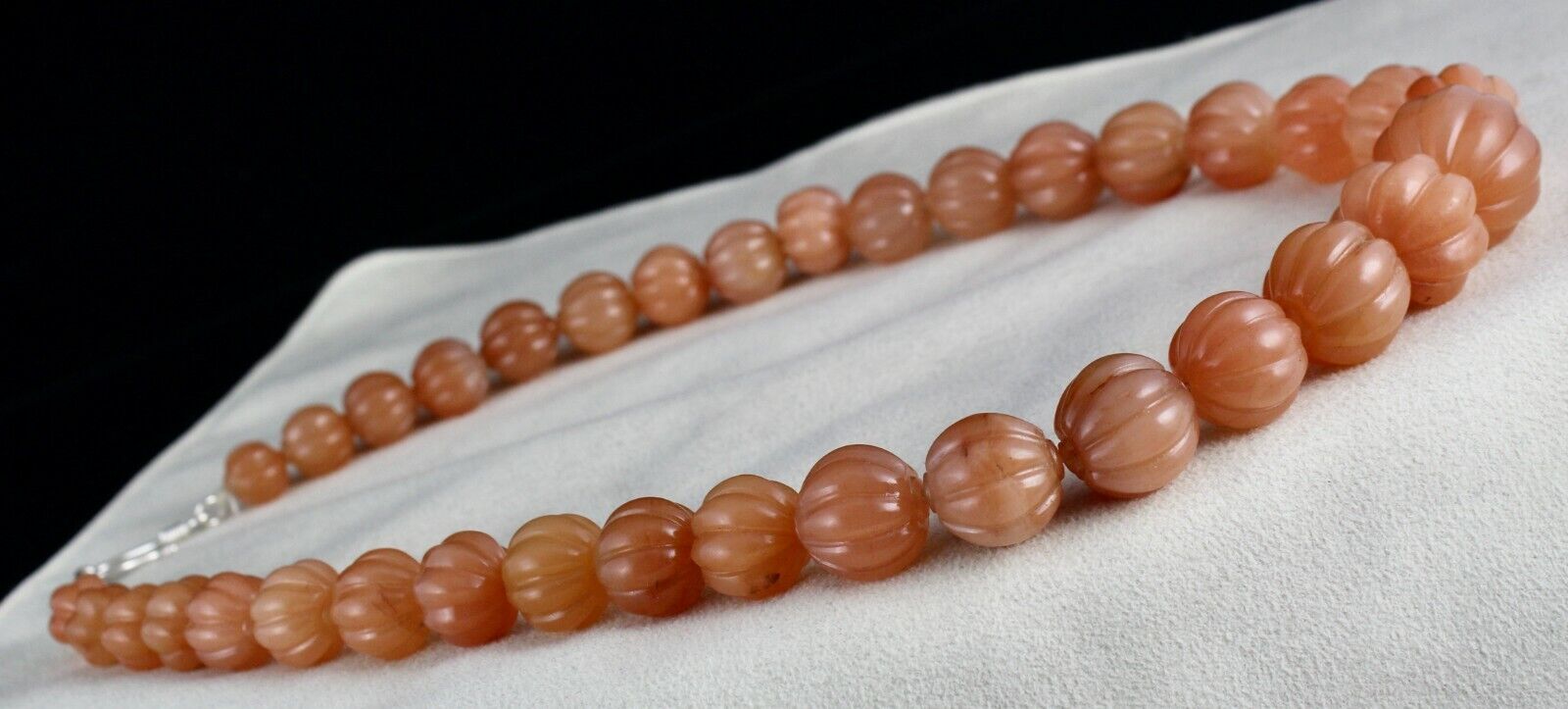 Natural Orange Quartz Carved Melon Beaded Necklace 1072 Carat Stone Silver Clasp