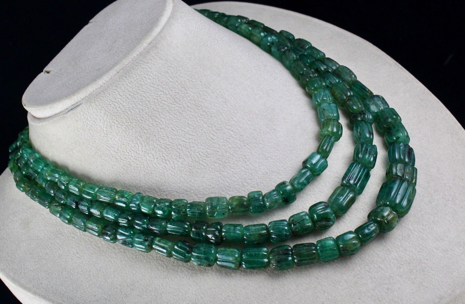 Antique Natural Emerald Beaded Necklace 3 Line 746 Carats Carved Drill Gemstone 