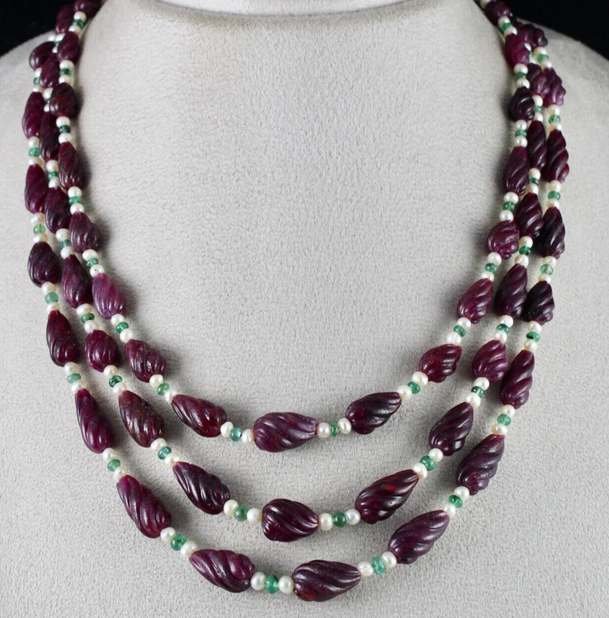 NATURAL RUBY BEADS CARVED TEAR DROPS 3 L 525 CTS EMERALD PEARL GEMSTONE NECKLACE