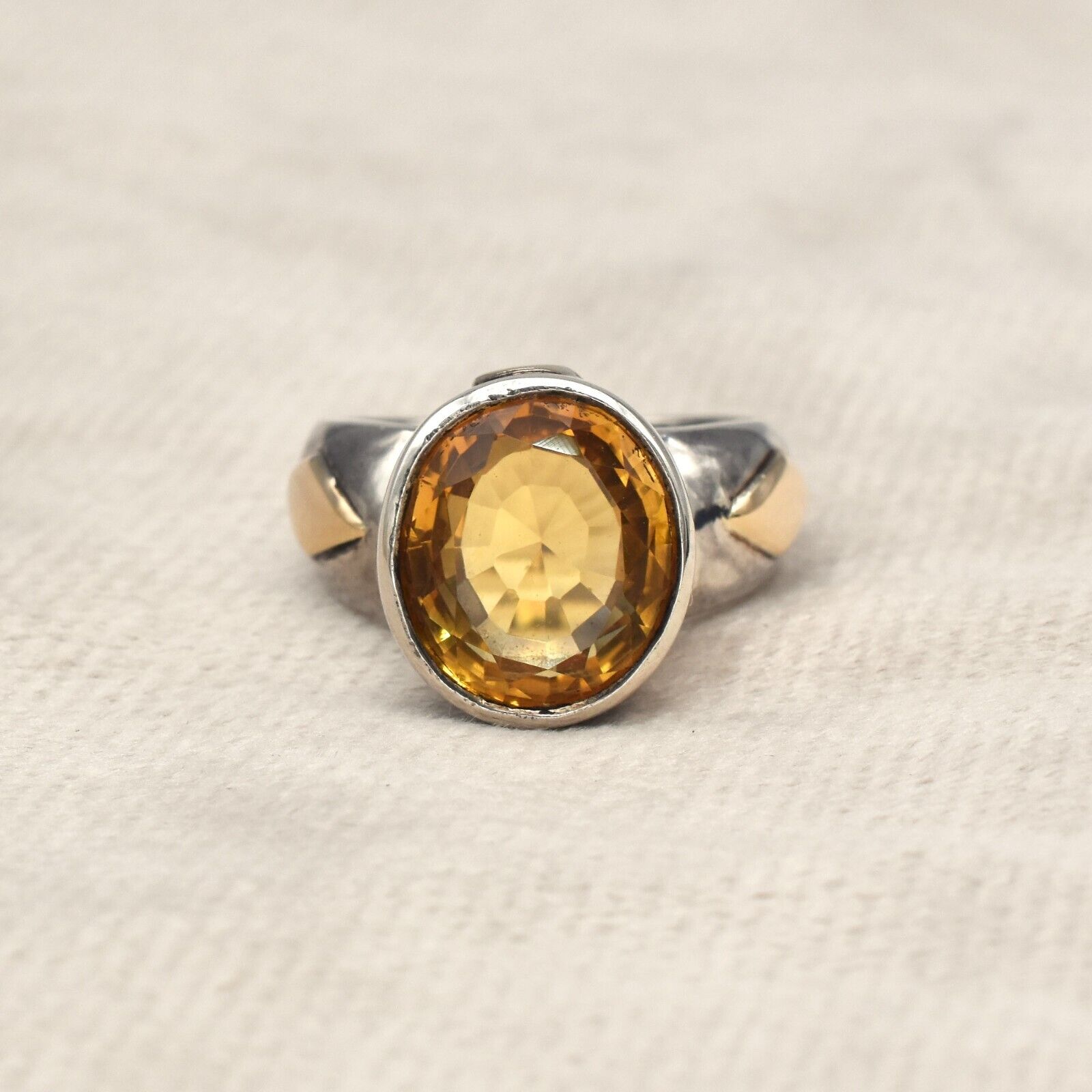 Vintage Yellow Citrine Cut Diamond 18k Gold 925 Silver Ladies Victorian Ring