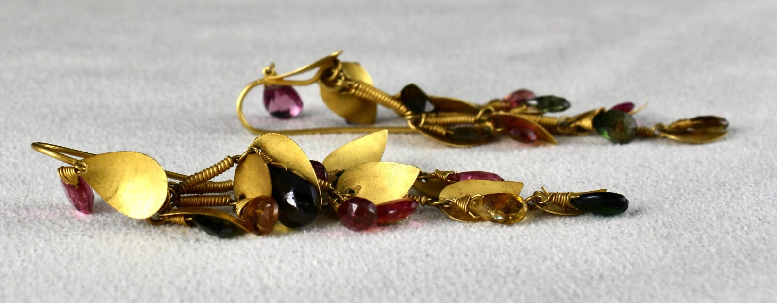 Certified Multi Colour Tourmaline 59ct Teardrops 18k Gold Leaf Earrings