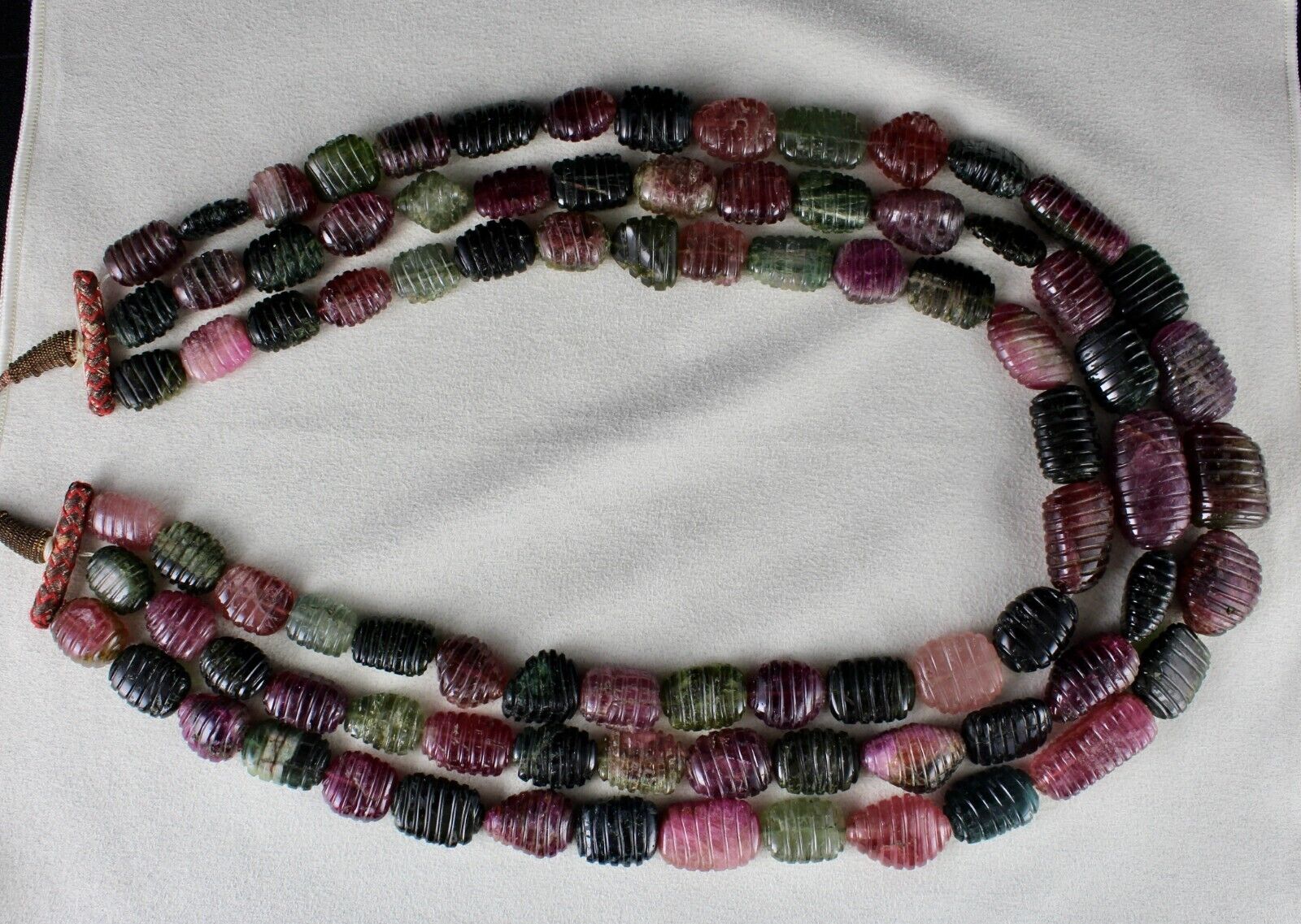 NATURAL MULTI TOURMALINE BEADS CARVED TUMBLE 3 LINE 1942 CTS GEMSTONE NECKLACE