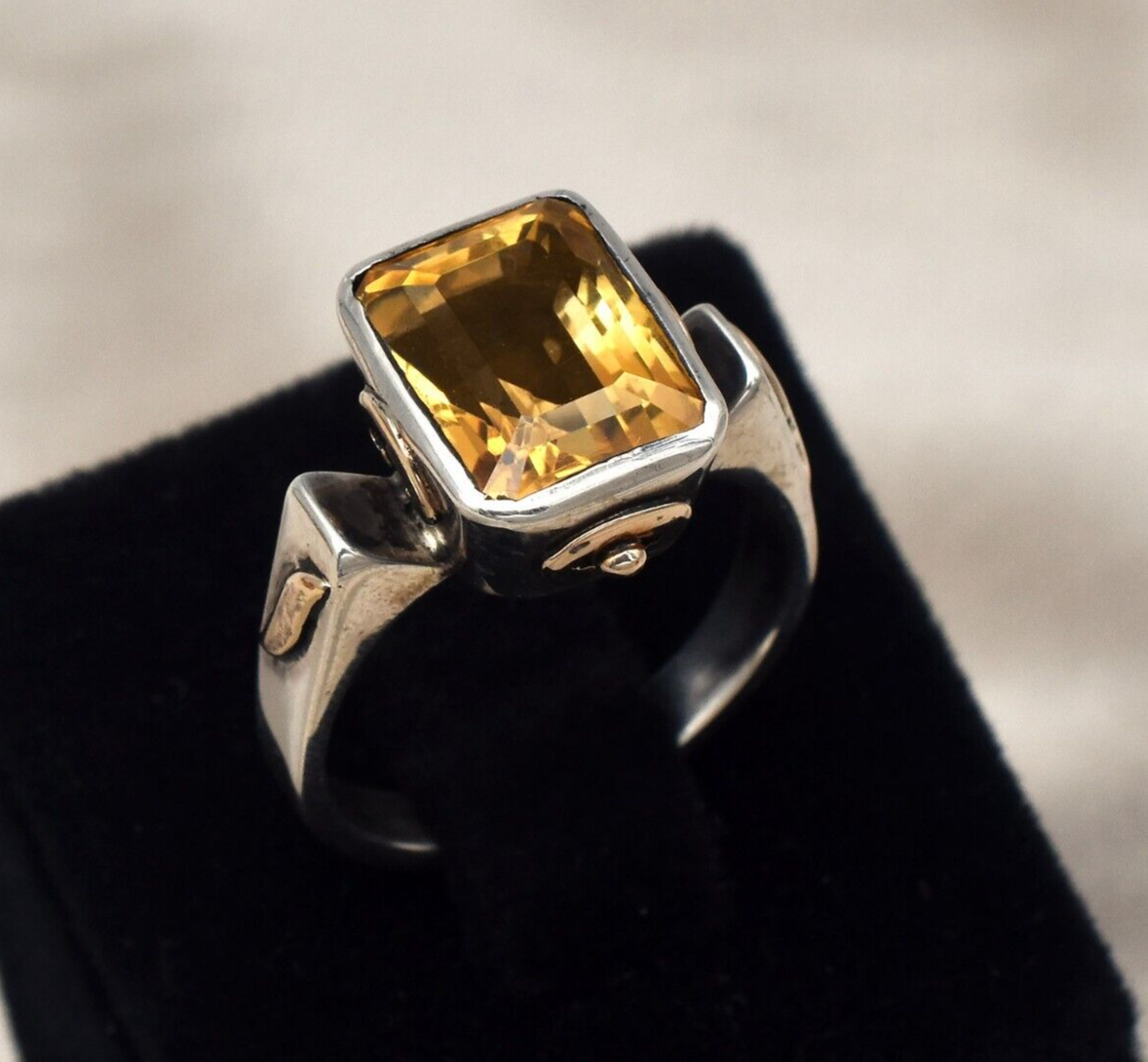 Natural Yellow Citrine 10ct Sterling Silver 18k Gold Vintage Victorian Ring