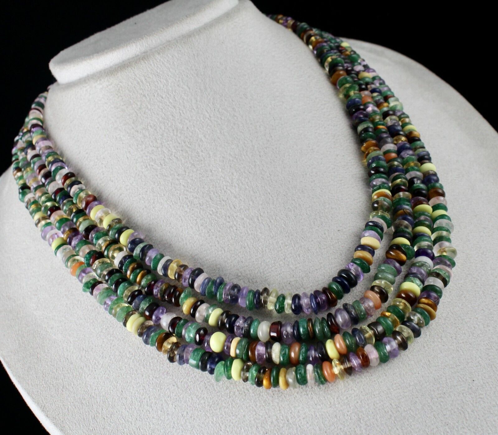 OLD NATURAL MULTI SEMI PRECIOUS BEADS BUTTON 4 LINE 660 CARATS GEMSTONE NECKLACE