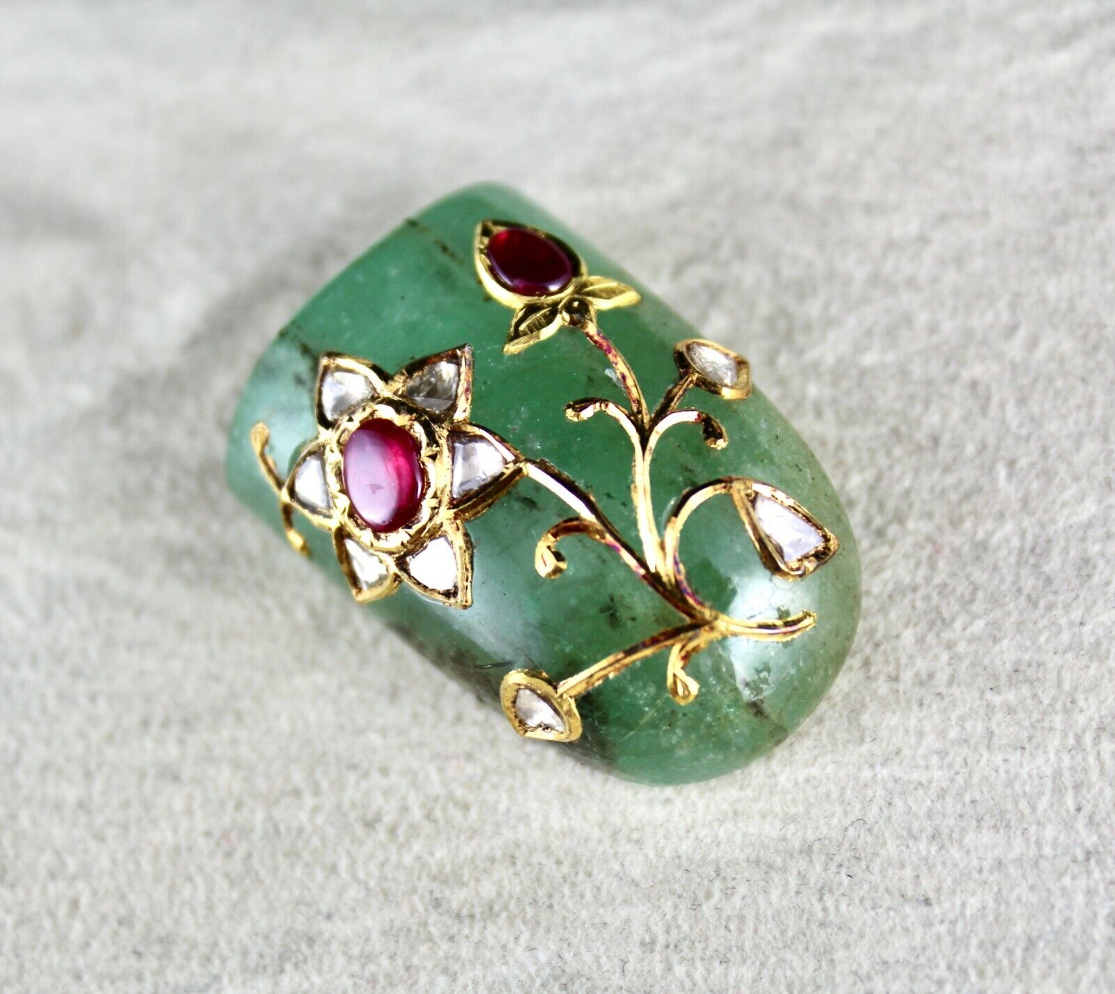 Mughal Natural Emerald Cabochon Gemstone Ruby Diamond 22k Gold Pendant Design