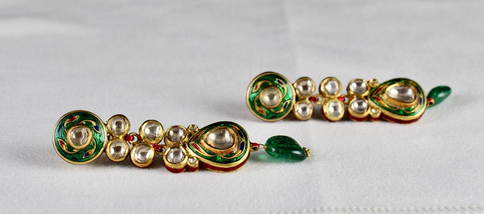 Certified Old Natural Diamond Cut Emerald 22k Gold Jadau Dangle Earrings 152.5ct