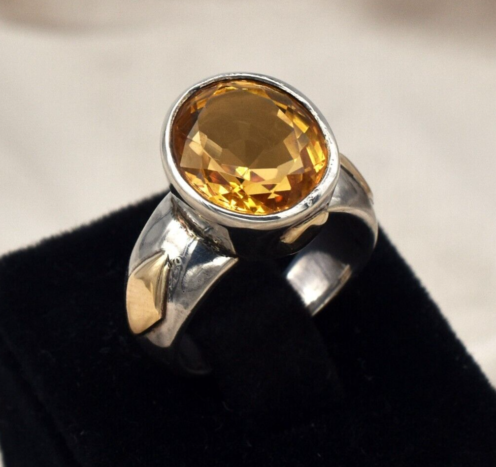 Vintage Yellow Citrine 61ct Natural Diamond 18k Gold 925 Sterling Silver Ring