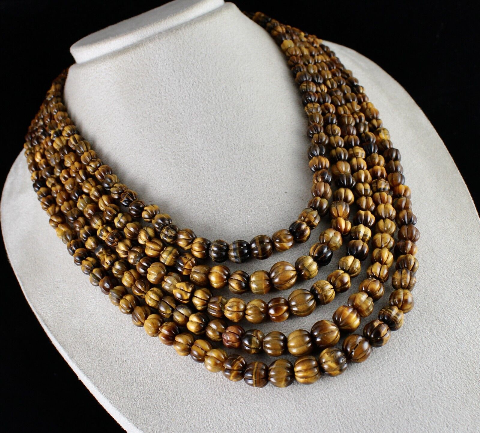 NATURAL TIGER EYE BEADS CARVED 5 LINE 1214 CTS GEMSTONE LADIES ANTIQUE NECKLACE