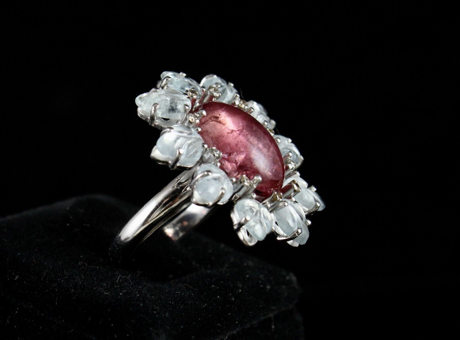 Antique Natural Pink Tourmaline Aquamarine Carved Gemstone Silver Victorian Ring