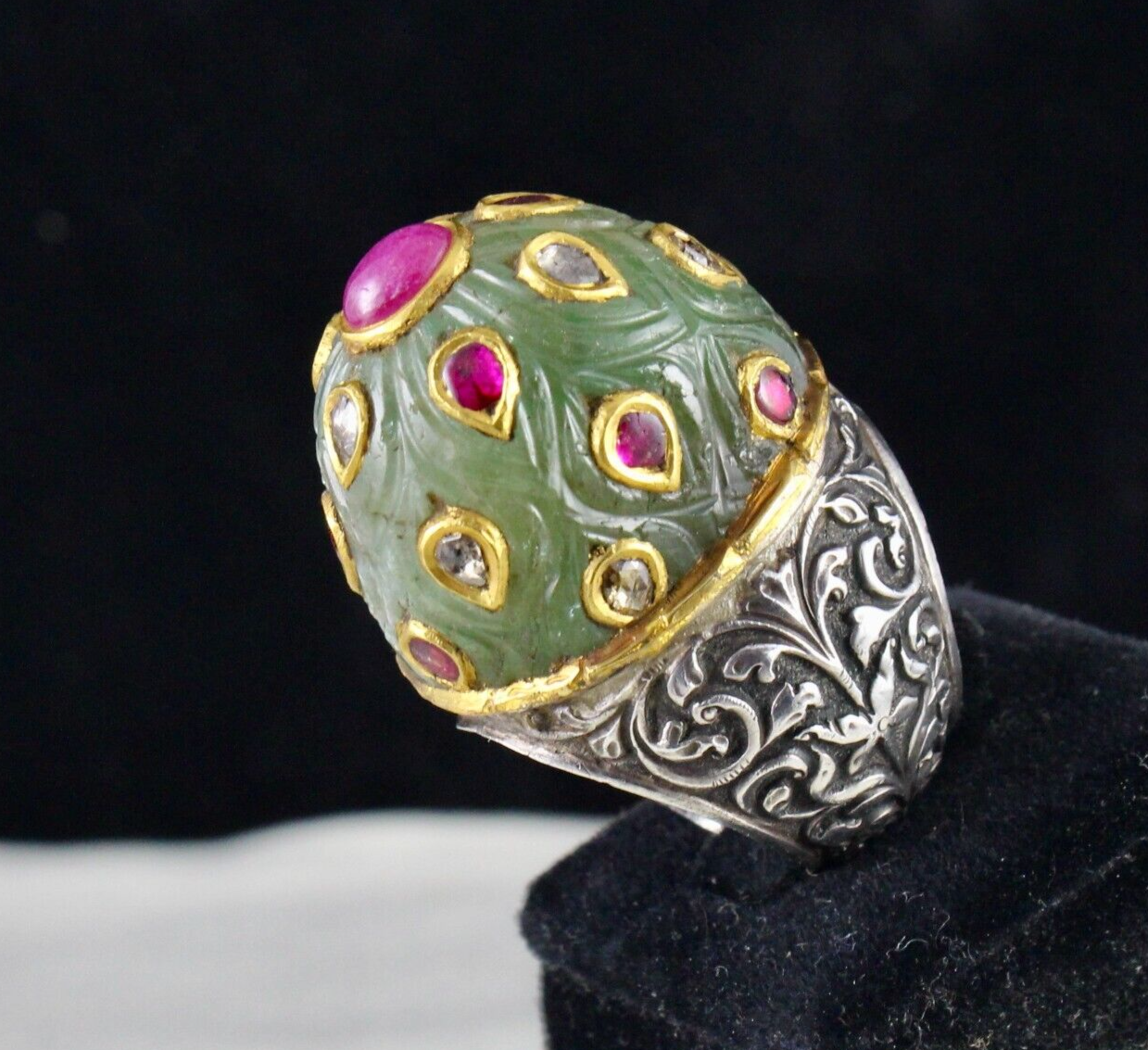 ANTIQUE COLOMBIAN EMERALD CARVED RUBY DIAMOND GOLD JADAU LADIES 925 SILVER RING