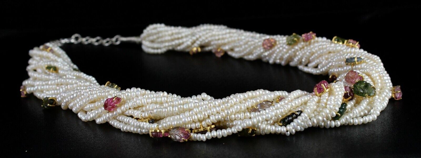 Unique Pearl Bead Natural Tourmaline Carved Leaf 972 Ct Silver Designer Necklace