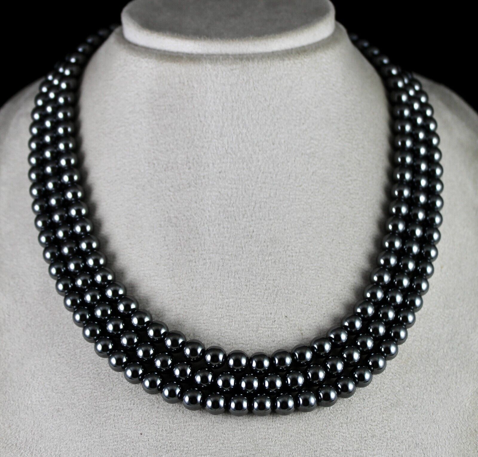 Natural Hematite Beads 3 Line 8 mm 1160 Ct Round Black Gemstone Fashion Necklace