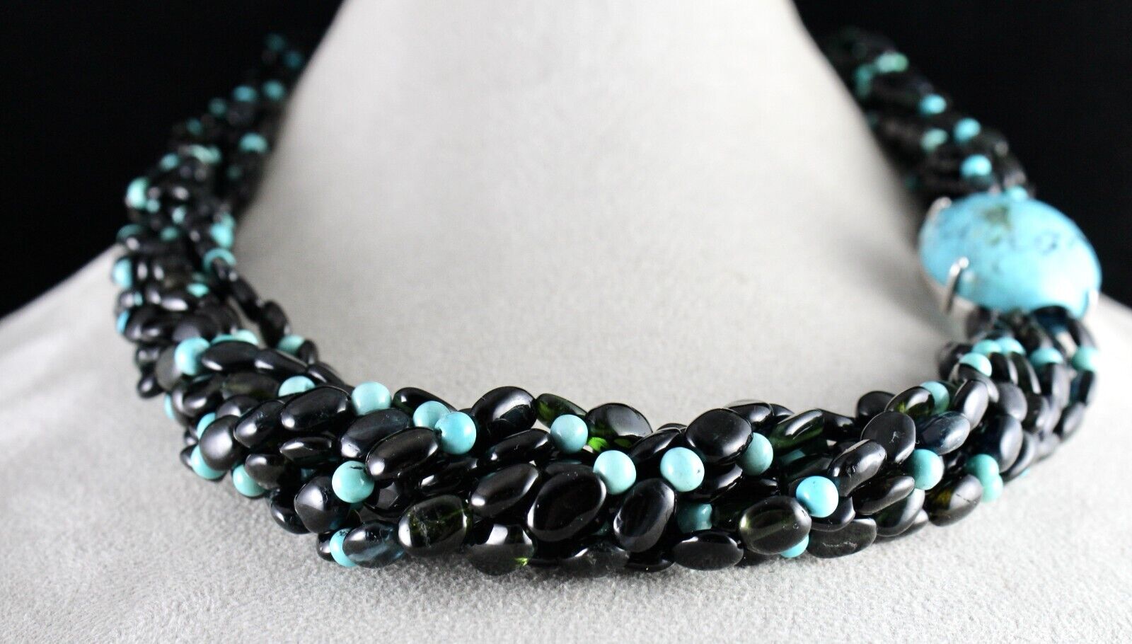 FINE NATURAL BLACK TOURMALINE TURQUOISE BEADED DESIGNER GEMSTONE SILVER NECKLACE