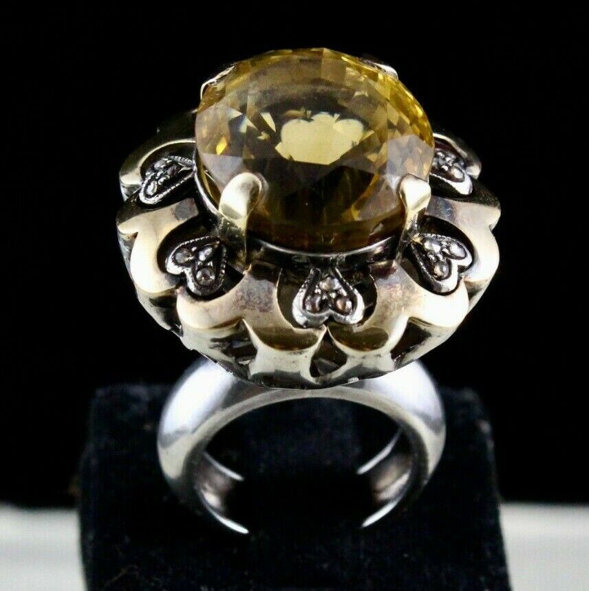 Antique Big Yellow Citrine Cut Diamond 18k Gold 925 Silver Ladies Victorian Ring