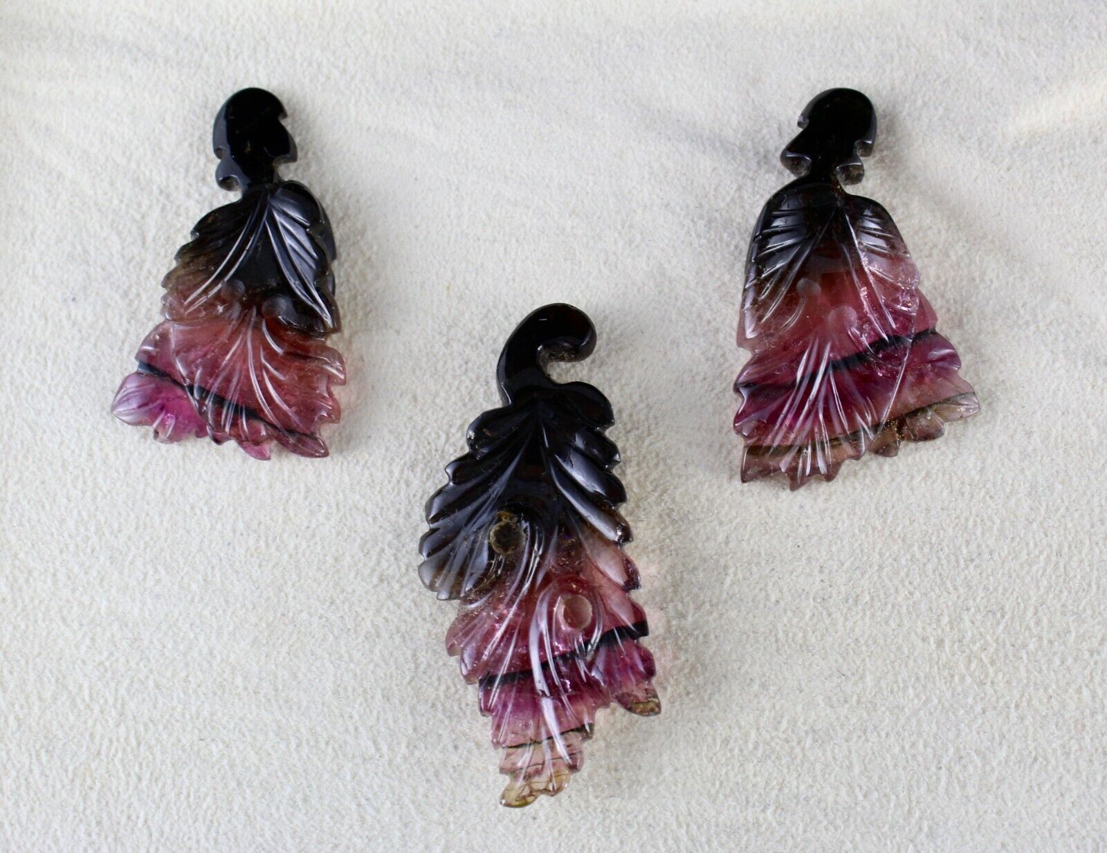 NATURAL MULTI TOURMALINE CARVED LEAVES 3 PCS 108 CTS GEMSTONE EARRING PENDANT