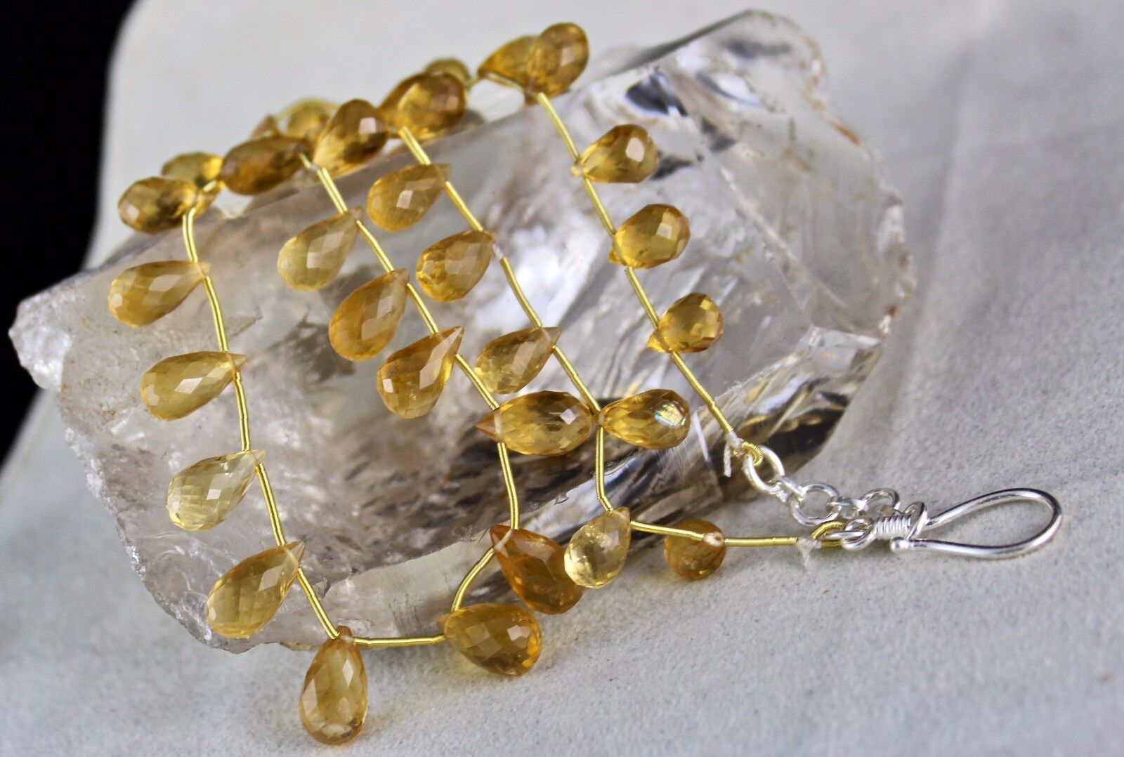 Natural Yellow Citrine Beads Faceted Teardrops 140 Ct Gemstone Silver Necklace