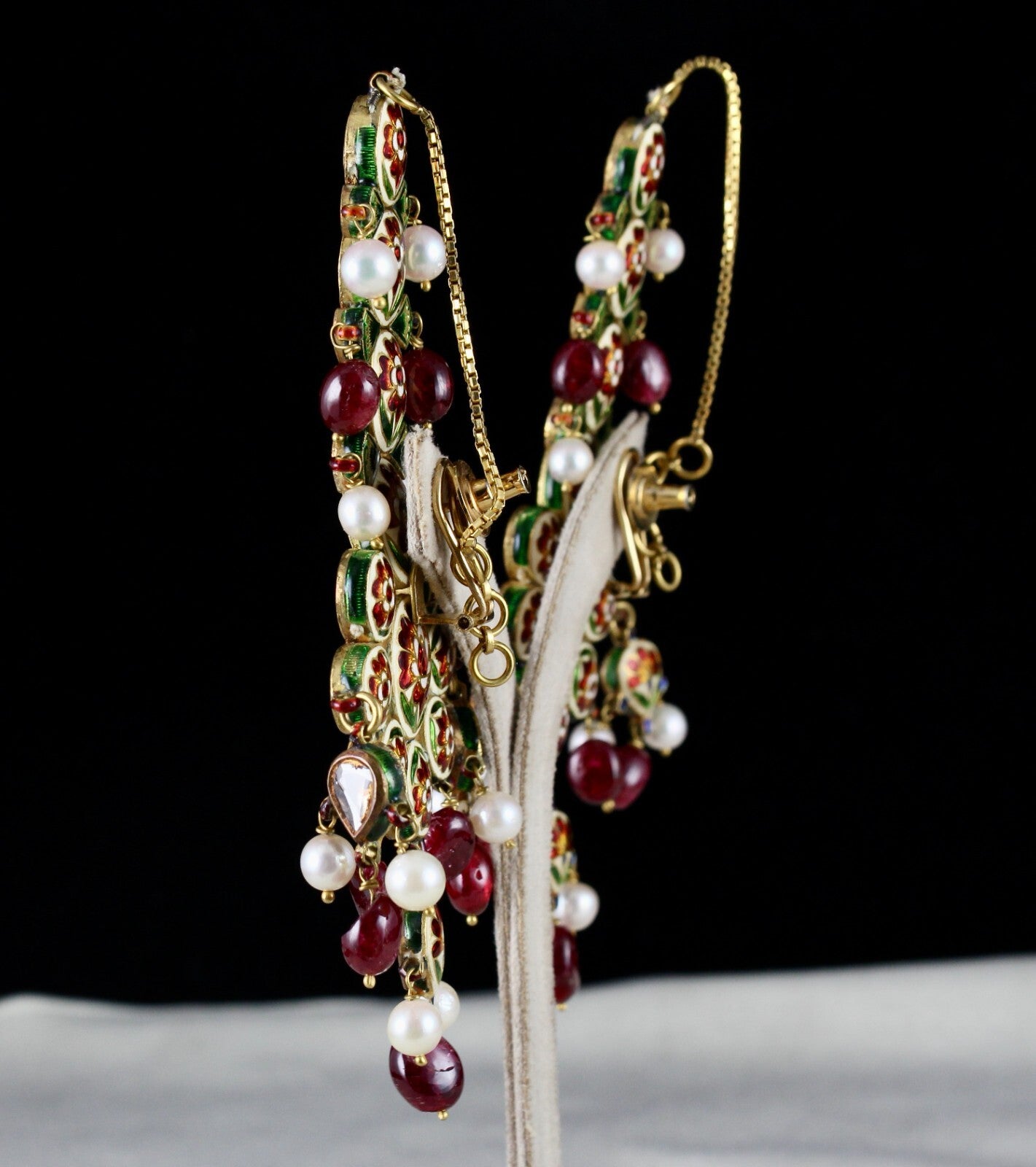 Certified Natural Diamond Spinel Pearl 10ct 22k Gold Jadau Kundan Earrings