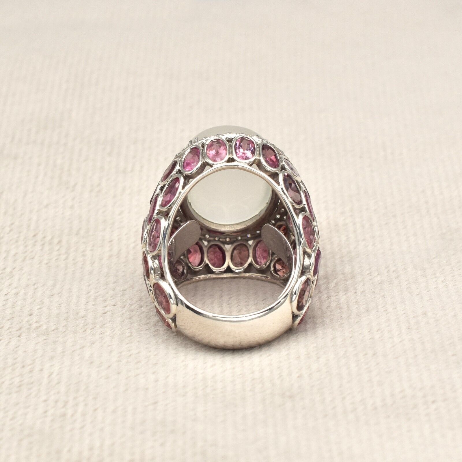 Natural Moonstone Cabochon Pink Tourmaline Moissanite 925 Silver Statement Ring