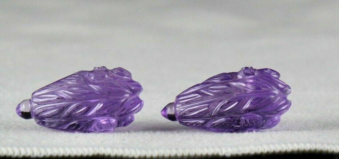 NATURAL AMETHYST CARVED DROPS PAIR 2 PCS 53.80 CARATS GEMSTONE EARRING DESIGNING