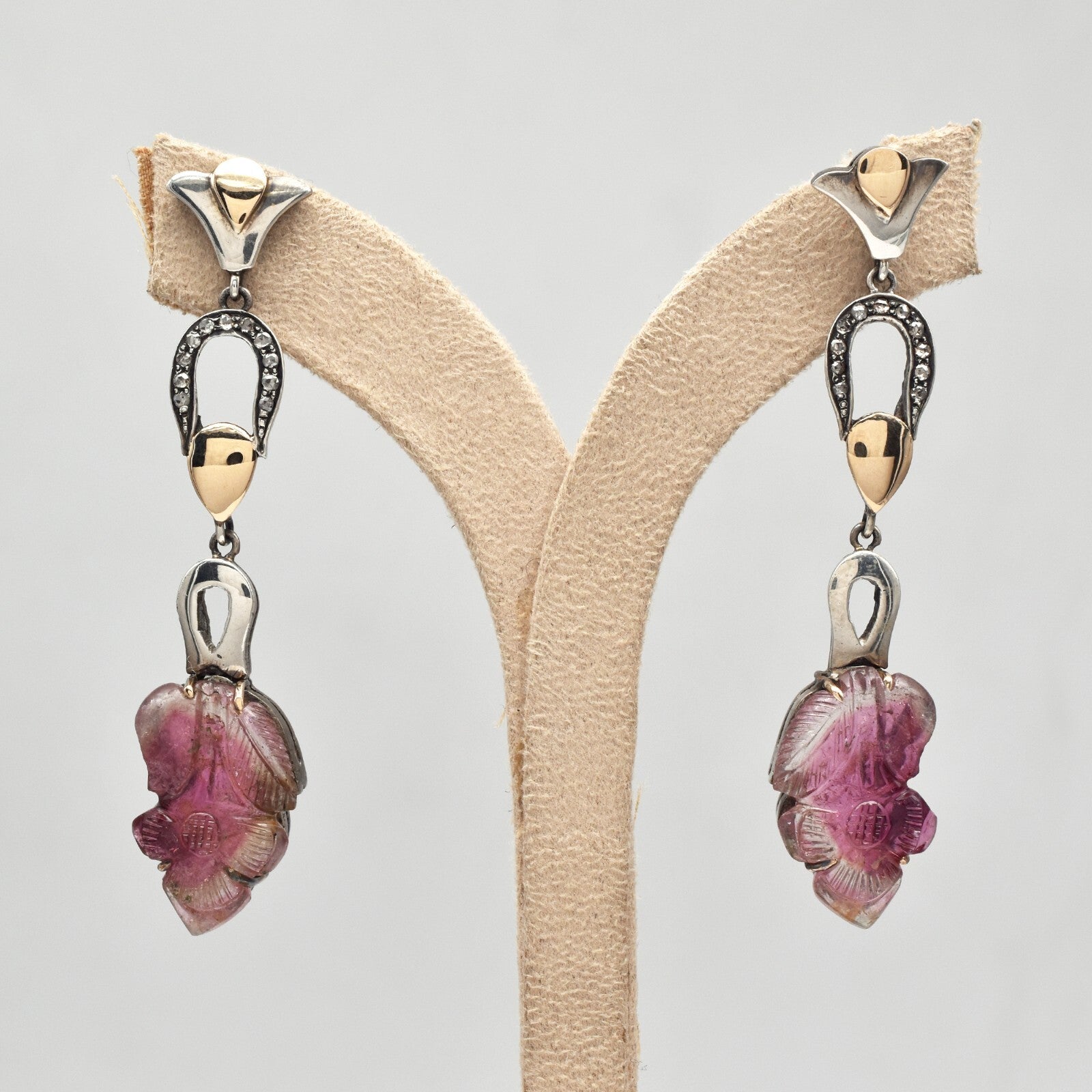 Natural Tourmaline 10ct Carved Natural Diamond 18k Gold Sterling Silver Earrings