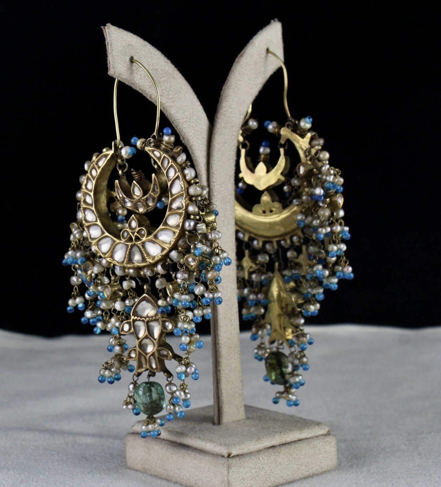Certified Antique Jadau Chandbali Earrings 22k Gold Gemstone Pearl 10ct Dangle